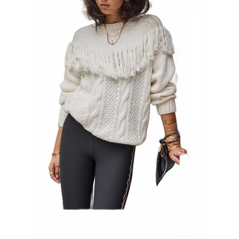The Upside White Cable Knit Fringe Sweater Organic Cotton
